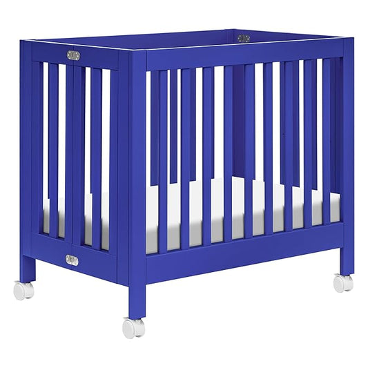 Babyletto Origami Mini Portable Crib Folding with Wheels in Cobalt, 2 Adjustable Mattress Positions, Greenguard Gold Certified