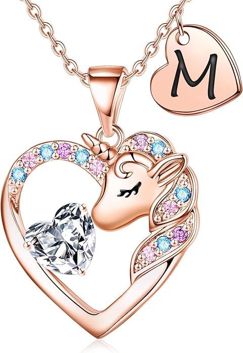 Unicorn Necklace Gifts for Girls Kids - Colorful CZ Heart Initial Necklaces Unicorn Necklace for Girls Jewelry Birthday Gifts for Little Girl Kids