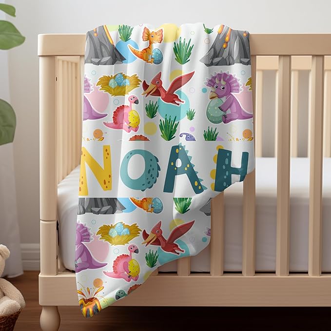 Personalized Dinosaur Baby Blanket with Name, Custom Easter Blanket for Boys, Girls & Kids, Soft Newborn
