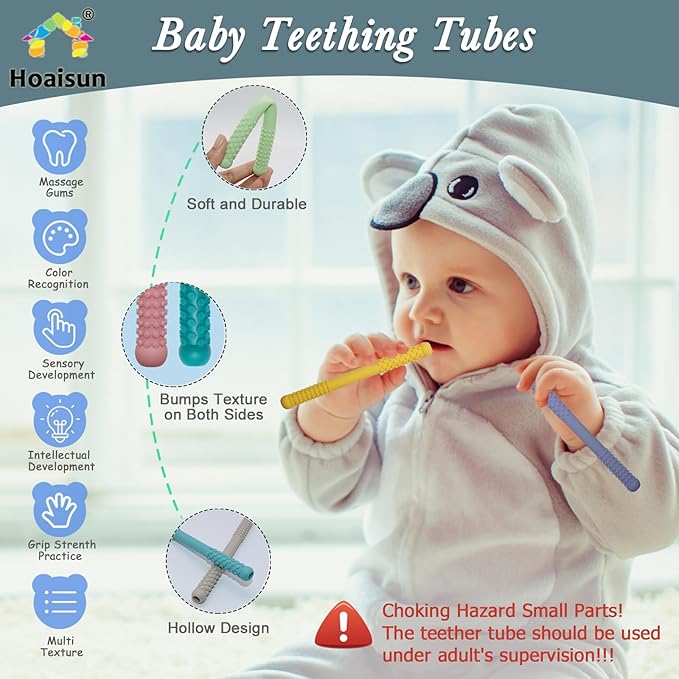 Teething Toys 3-6 Months 8 Pack, Silicone Teethers for Babies Nursing, Teething Tubes Sticks for Babies 6-12 12-18 Months, Autism Sensory Toys for Kids Chewing, Biting