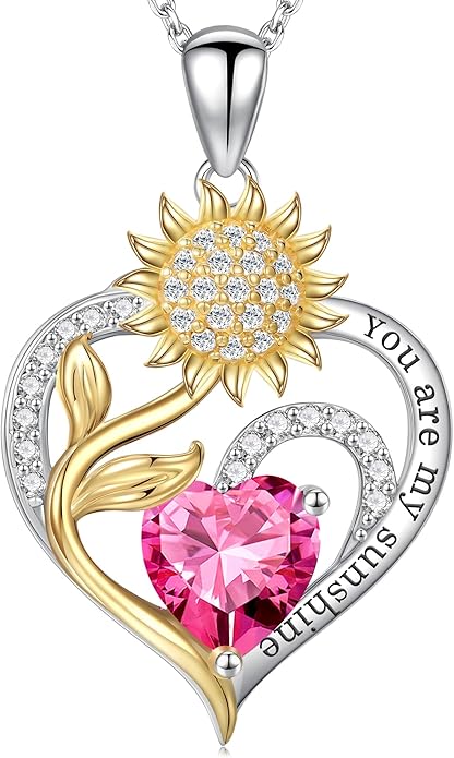 Iefil Sunflower Gifts for Women - Sunflower Necklace Heart Pendant Birthstone Necklace for Women Anniversary Birthday Gifts for Wife You Are My Sunshine 925 Sterling Silver Jewelry for Wife Mom