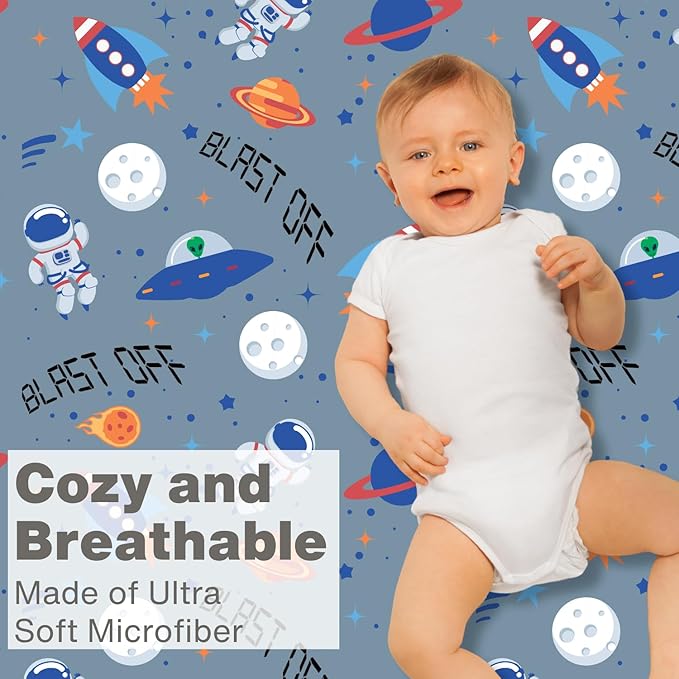 Baby Boy Fitted Crib Sheet Outerspace Adventures, 100% Soft Breathable Microfiber Baby Sheet, Fits Standard Size Crib Mattress 28in x 52in, Nursery Sheet
