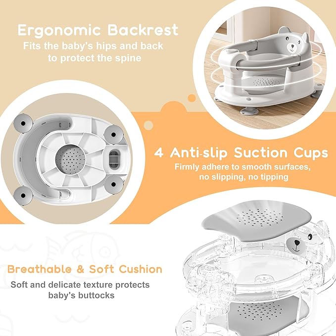 Baby Bath Seat for Babies 6 Months & Up, Toddler Bath Seats for Babies Sitting Up, Non-Slip Infant Bath Tub Chair with 4 Suction Cups & Soft Cushion for Shower, Compact Toddler Bathtub Seat, Gray