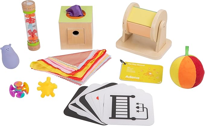 Adena Montessori Play Kit for 0-6 Month Baby,9 in 1 Learning Kit Includ Black&White Card,Rainmake Rattle,Sensory Ball,Tummy Time Wobbler,Tissue Box,Tissue,Rainbow Ball,Rainbow Drum,Suction Cup Spinner