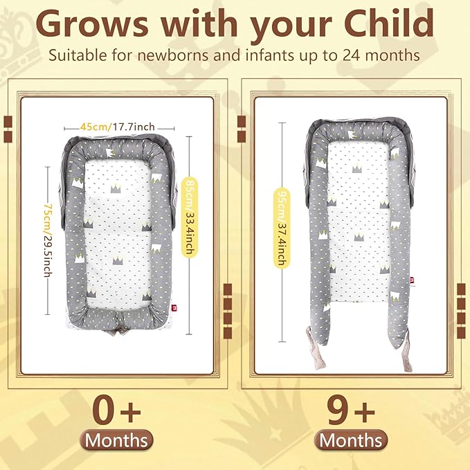 Baby Lounger for Newborn to Toddler 0-24 Months - Portable Infant Lounger with Breathable Cotton, Adjustable Size & Lengthen Space Travel Strap for Home, Outdoor (1. Crown)