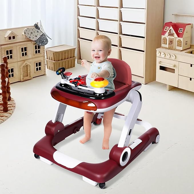Kinder King Baby Walker with Music & Lights, 5 in 1 Baby Bouncer Activity Walker, Adjustable Height & Seat, Learning-Seated & Toddler Walk-Behind, Safety Bumper, Infant Walker Anti-Rollover, Red