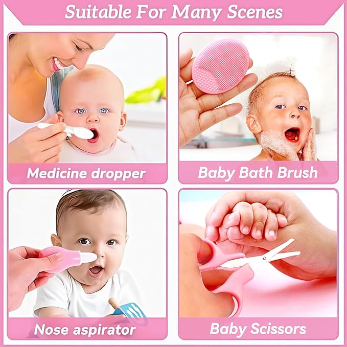 Baby Healthcare and Grooming Kit, 26 in 1 Portable Baby Safety Care Set with Hair Brush Comb Nasal Aspirator Electric Nail Trimmer Set Baby Essentials kit for Newborn Boys Girls (Pink)