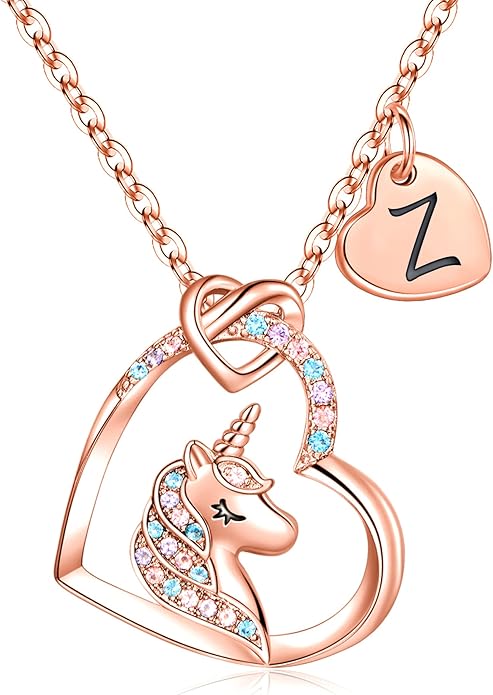 Hidepoo Unicorn Necklace Gifts for Girls Daughter - Colorful CZ Heart Pendant Initial Unicorn Necklaces for Girl Teens Little Girls Jewelry Birthday Gift