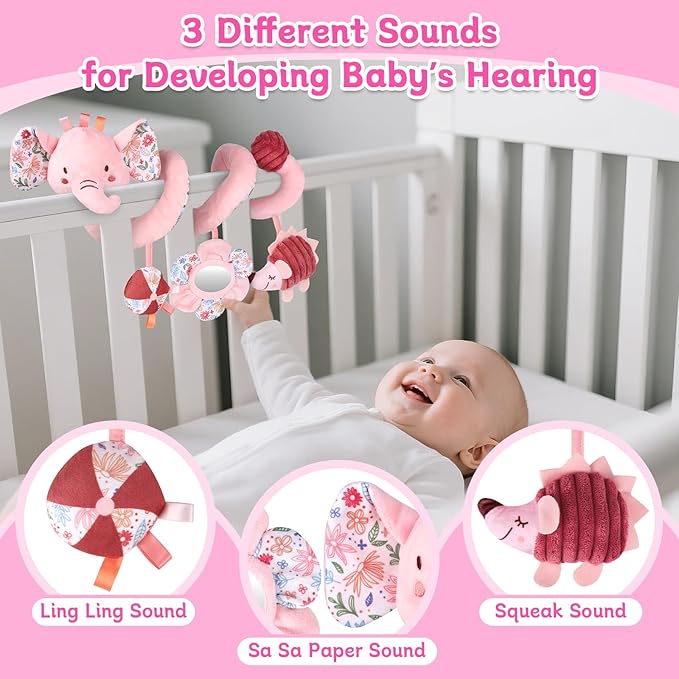 Hanging Car Seat Toys, Spiral Crib & Stroller Activity Toys with Rattles for Babies 0-6 Months, Baby Car Seat Accessories Toy for Developing Sensory & Motor Skills, Ideal Gift for Newborn Infant