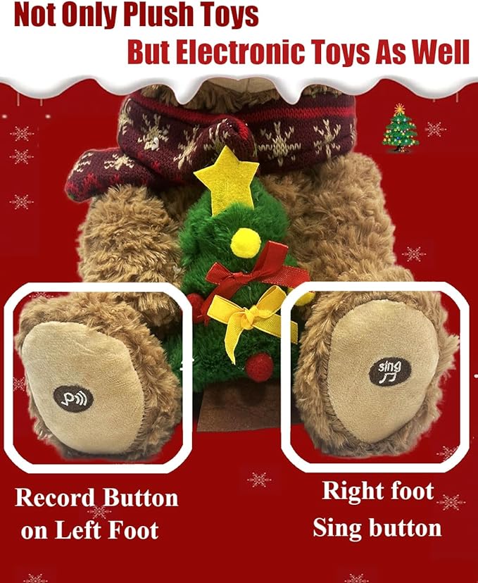 LANGXUN Christmas Teddy Bear Plush Toy with Singing & Voice Recording for Kids Adults Christmas Decorations, Birthday Gifts for Boys and Girls, Premium Plush Toy for Ages 1& Up Baby Toddlers, 15.5”