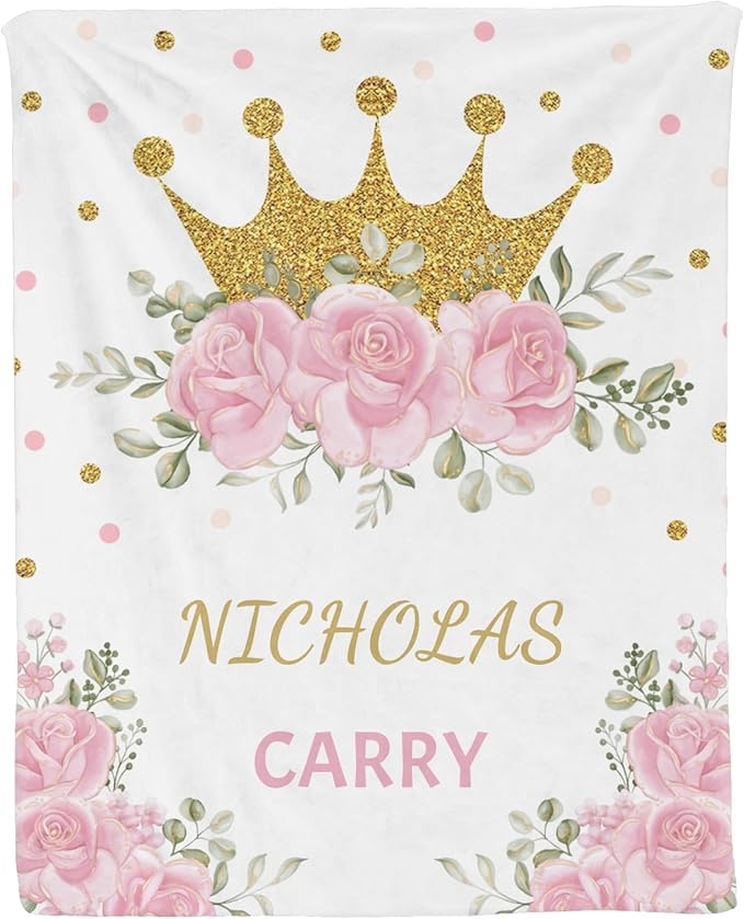 Personalized Baby Blanket for Girls Floral Crown Custom Baby Blankets with Name Dotted Backing Customized Gifts for New Mom Customize Baby Blanket for Kids Newborn Birthday