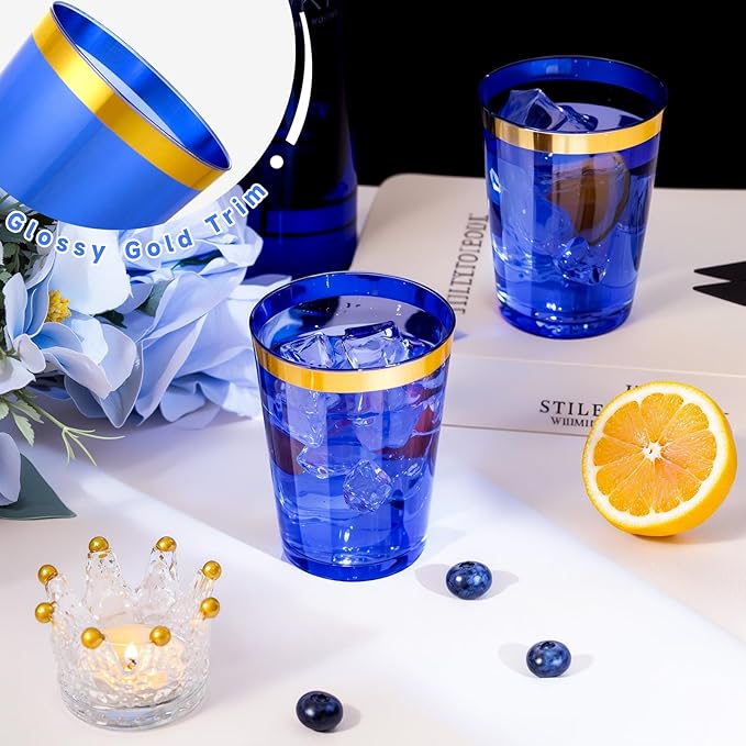 supernal 100 Pcs Blue Plastic Cups,10 Oz Clear Blue Disposable Cups with Gold Trim,Plastic Cocktail/Drink/Bridal Shower/Baby Shower Cups for Party,Wedding and Birthday,Cute Disposable Cup