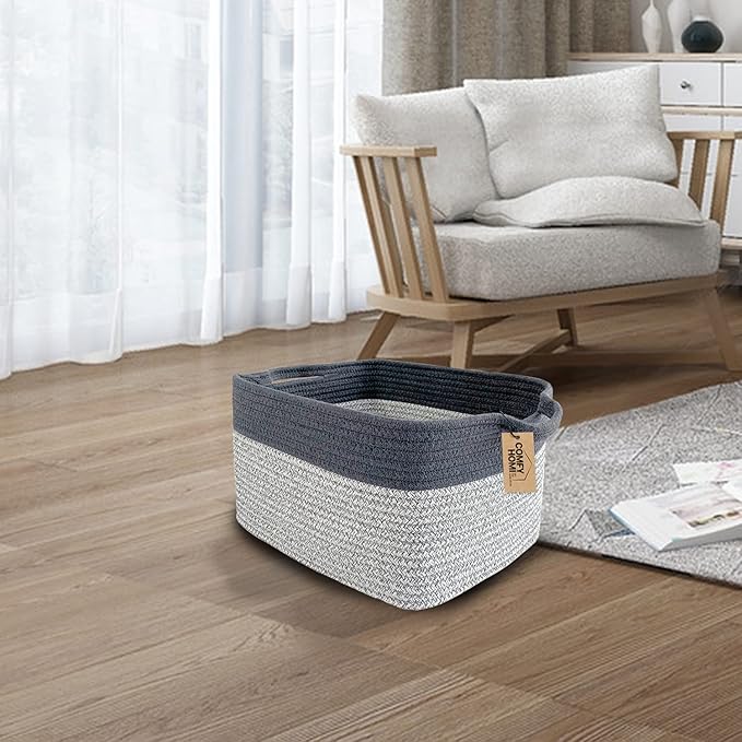 COMFY-HOMI 3Pack Cotton Rope Square Basket with Handles for Shelves|Dog Toy Storage Bin|Shoe Organizer - New 13.5" x 11" x 9.5" (Light Grey)