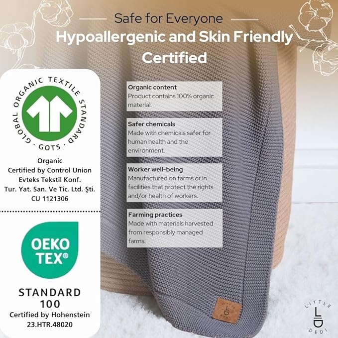 100% Organic Cotton GOTS Certified Baby Knitted Blanket with Gift Box - Soft Toddler, Crib, Stroller Blanket - Neutral Swaddle and Receiving Blanket for Newborns, 30"x40", Dark Grey