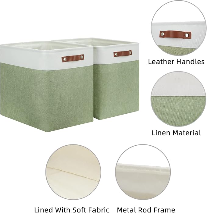 HNZIGE Shelf Storage Baskets for Clothes, Large Storage Bins Fabric Baskets for Organizing, Foldable Rectangular Decorative Storage Bins for Home Closet(White Green), 17" x 12" x 15"
