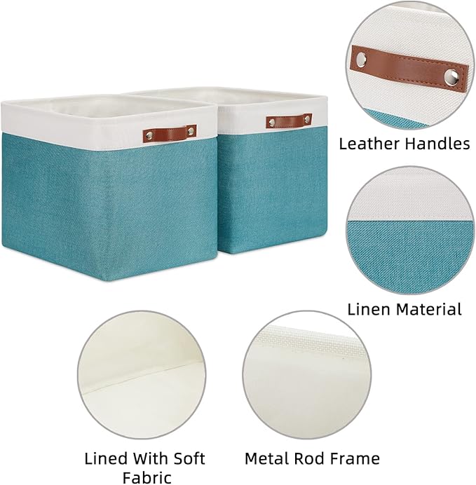 HNZIGE Extra Large Fabric Storage Bin Baskets for Organizing Shelves [2 Pack] Storage Baskets for Closet 16" X 11.8" X 11.8" Rectangular Storage Basket Bin for Organization Living Room(Teal&White)