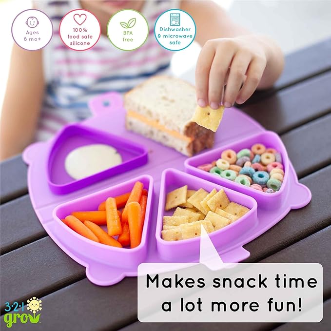 On-The-Go Snack Mat – Baby Silicone Travel Dining Placemat – Portable Silicone Toddler Plate – Reusable Snack Container with 3 Compartments and Lids for 6 Months + (Plum)