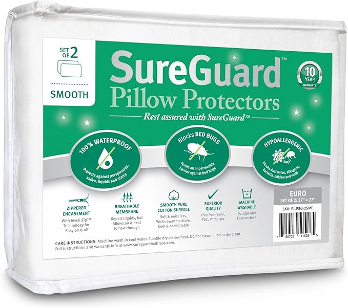 Set of 2 Euro Size SureGuard Pillow Protectors - 100% Waterproof, Bed Bug Proof, Hypoallergenic - Premium Zippered Cotton Covers - Smooth