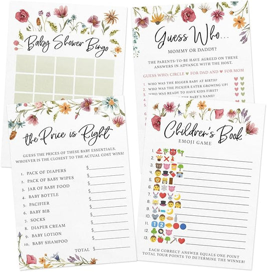 Printed Party Baby Shower Games – 4 Games and Activities for 30 Guests, Includes Bingo, Price is Right, Emoji Book, and Guess Who Trivia, Baby in Bloom Floral Design for Girl