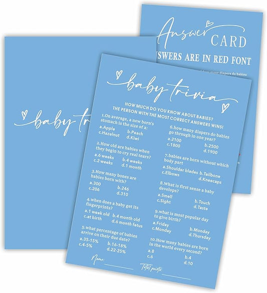Baby Trivia - Baby Shower Game Cards - Minimalism Blue - 30 Double-Sided Fill In Style Game Cards With Answer Card, Gender Reveal, Baby Announcement, Party Games & Activity - C13