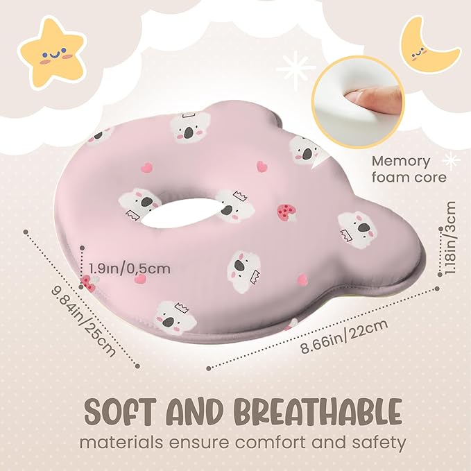 Soft and Breathable Baby Pillow with Memory Foam and Bear Design (Pink Koala)