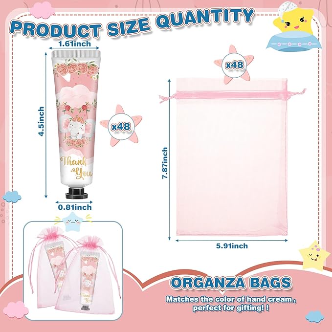 48 Sets Baby Shower Hand Cream Bulk Pink Elephant Baby Shower Favors Bridal Thank You Hand Cream for Guests Travel Size Lotion with Organza Bags