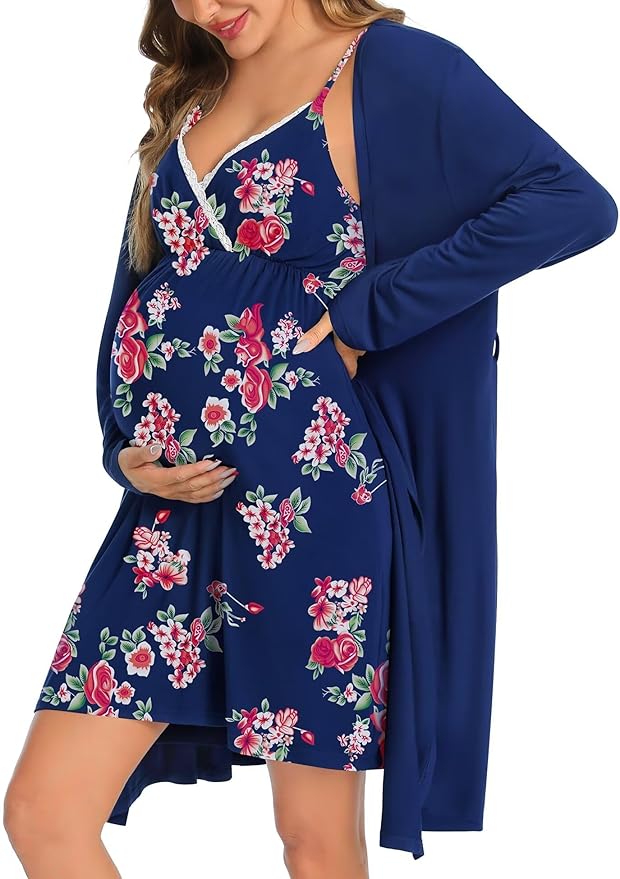 SWOMOG Womens Maternity Robe 2 Piece Nursing Nightgown for Breastfeeding 3 in 1 Labor Delivery Nursing Dress Lace Bathrobe