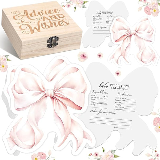 50 Pcs Double Side Pink Bow Baby Predictions & Advice Pink Bow Cards for New Parents Baby Shower Games with Cards Wooden Keepsake Box for Wishes Decorations