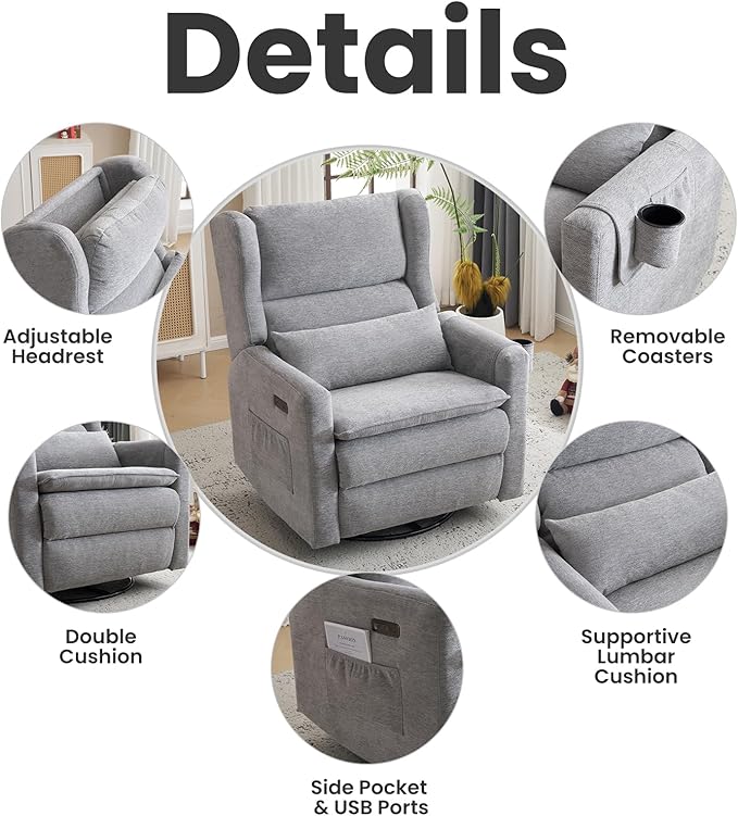 Oversized Swivel Rocker Recliner with Adjustable Headrest, 26" Extra Wide Glider Recliner Nursery Chair with Double Cushion, Chenille Glider Rocking Chair for Living Room,Cup Holder,Grey