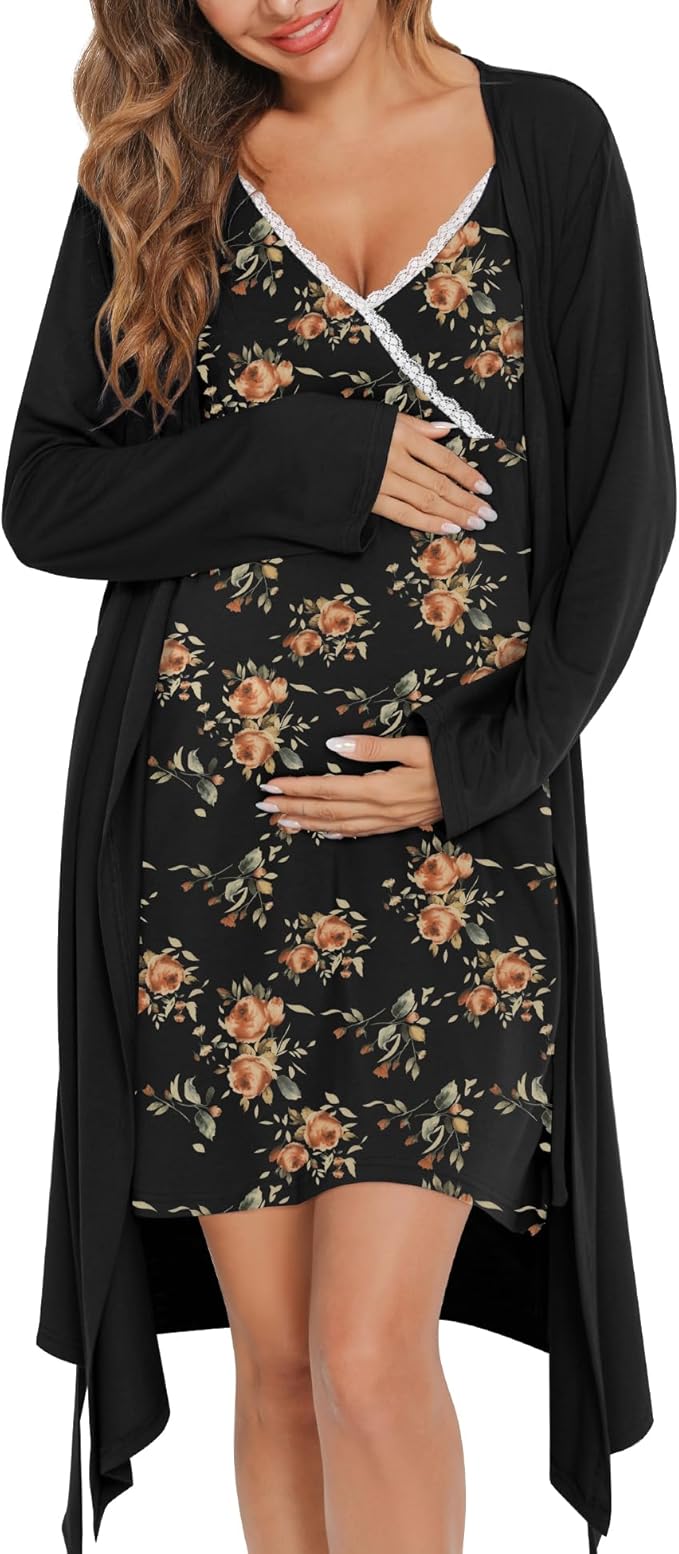 SWOMOG Womens Maternity Robe 2 Piece Nursing Nightgown for Breastfeeding 3 in 1 Labor Delivery Nursing Dress Lace Bathrobe