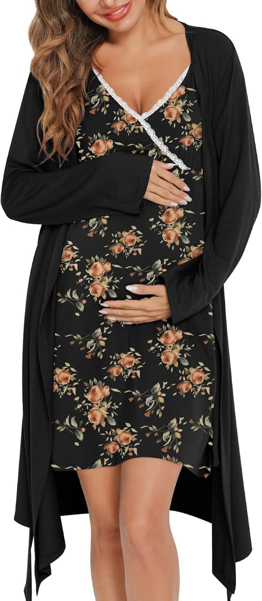 SWOMOG Womens Maternity Robe 2 Piece Nursing Nightgown for Breastfeeding 3 in 1 Labor Delivery Nursing Dress Lace Bathrobe