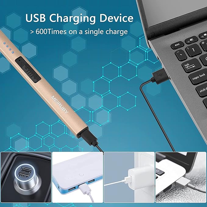 Lighter Electric Candle Lighter Long Electronic Rechargeable USB Arc Windproof Flameless Lighters for Candle Camping BBQ Birthday Women's Day Gifts for Women Mom Wife Men, Gold