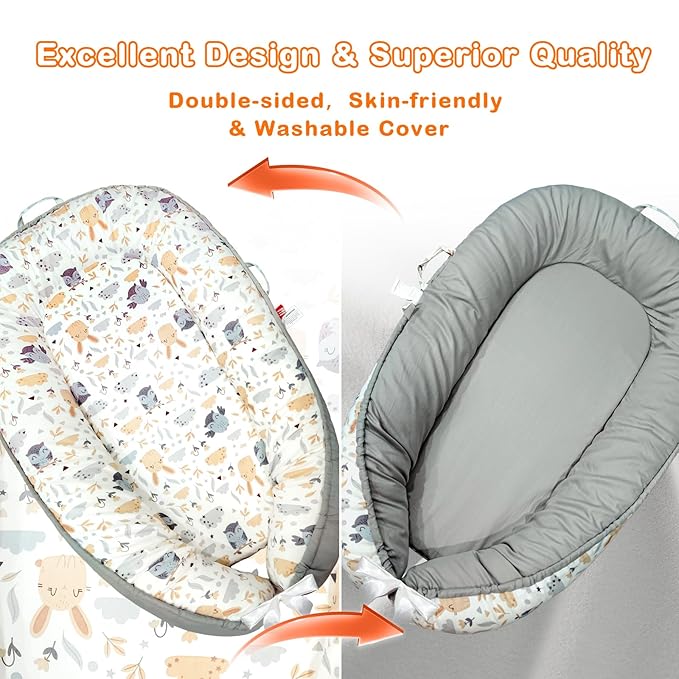 Baby Lounger for Newborn 0-24 Months, Baby Nest Cover Breathable and Soft Cotton, Infant Lounger with U-Shaped Safety Bumper for Cozy Comfort Baby Essentials (Owl Rabbit)