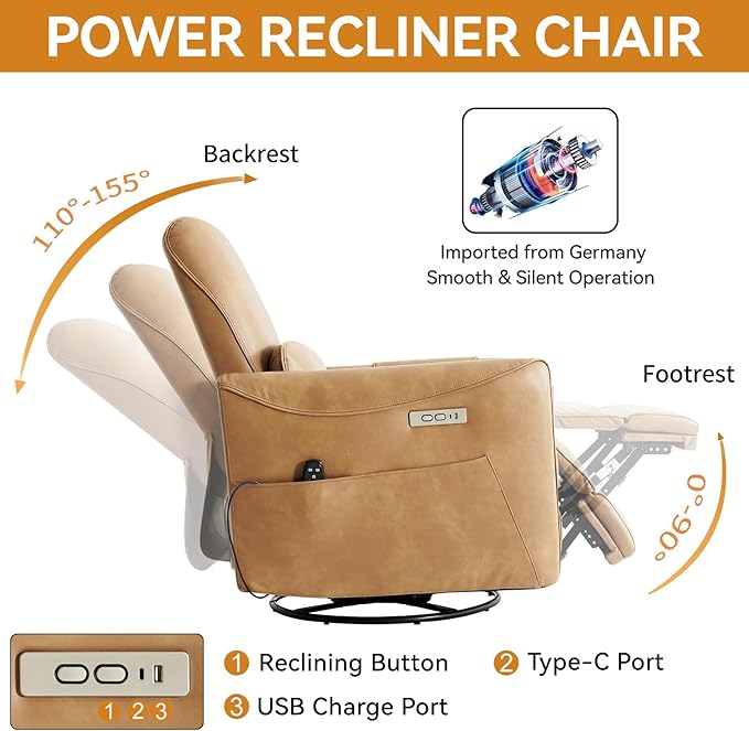 Genuine Leather Modern Electric Swivel Glider Power Recliner Chair with USB and Type-C Ports for Living Room, Power Lift Function, Brown