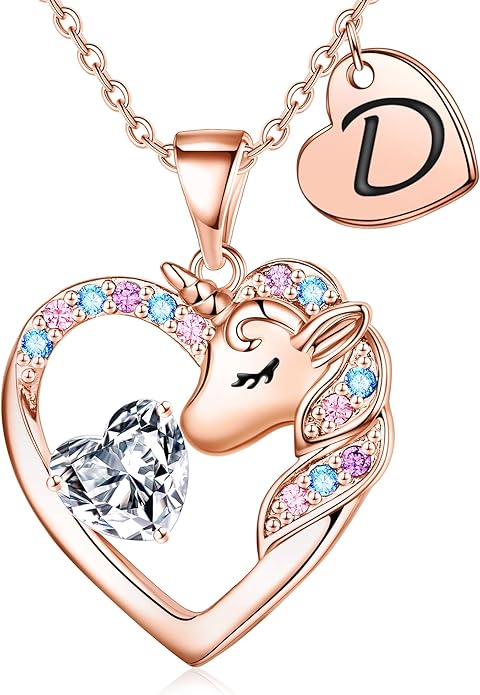 Unicorn Necklace Gifts for Girls Kids - Colorful CZ Heart Initial Necklaces Unicorn Necklace for Girls Jewelry Birthday Gifts for Little Girl Kids