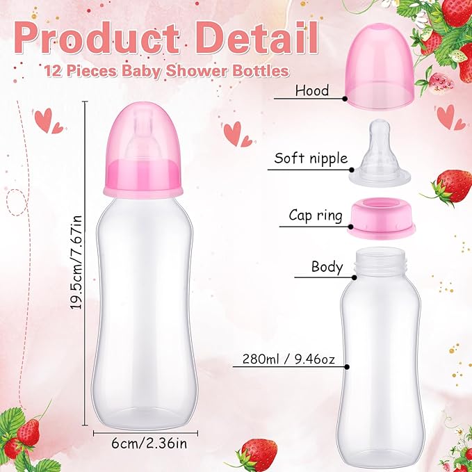 TrelaCo Cool Baby Shower Games Sets 12 Pcs Feeding Bottles with 1 Bottle Chug Sign for Gender Reveal Baby Shower Party Favors Decoration Games(Strawberry,Pink)