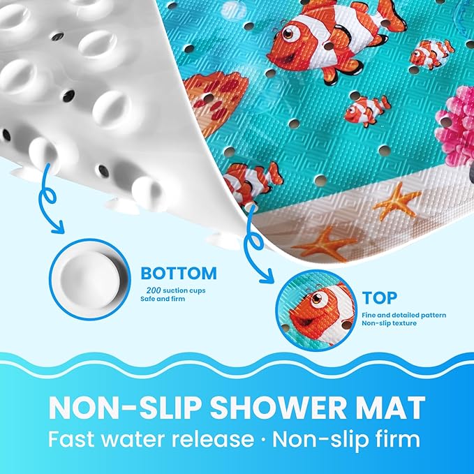 Linoows Baby Bath Tub Mat, Extra Large Non Slip Kids Cartoon Bathtub Shower Mats with Suction Cups & Drain Holes, Machine Washable for Bathroom, 40 x 16 Inch, Undersea-Diver