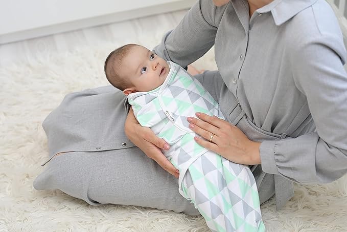 BaeBae Goods Swaddle Blanket, Adjustable Infant Baby Swaddling Wrap Set of 4, Baby Swaddling Wrap Blankets for Boys and Girls Made in Soft Cotton (Green/Grey Triangles, 3-6 Months)