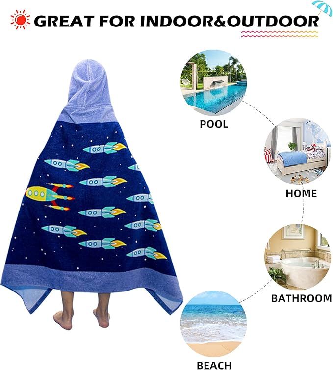 BANGSAUR Kids Hooded Beach Bath Towels, 100% Cotton 50"x30" Wrap Towel, Toddlers Boys 3-12 Years Coverup Towel Stars