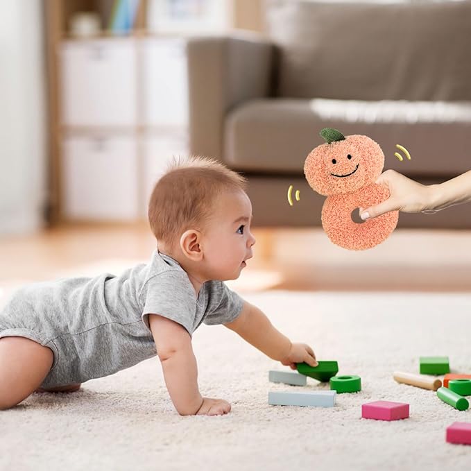 Baby Pumpkin Soft Rattle Toy, Plush Pumpkin Infant Shaker Rattle Easy-Grasp Stuffed Animal Toy, Gifts for Newborns Babies Toddlers Boys Girls, Orange, 6 Inches