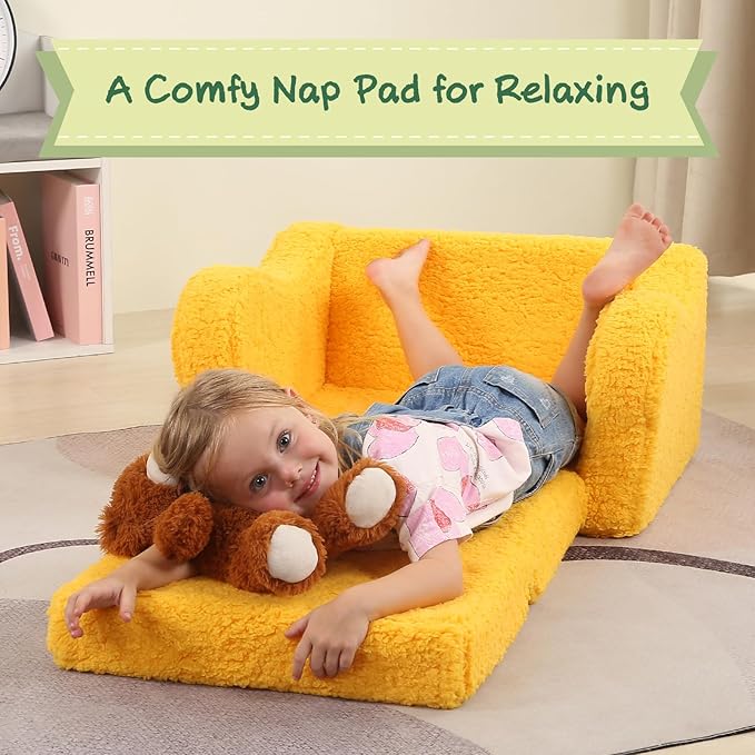 Kids Chairs for Toddler, 2-in-1 Toddler Soft Sherpa Couch Fold Out, Convertible Sofa to Lounger for Girls and Boys, Halloween Decor, Yellow