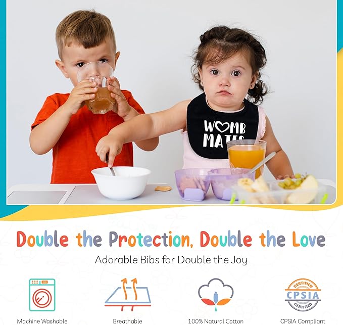 100% Cotton Womb Mates Twin Bibs – Soft, Stylish & Breathable for Boys & Girls – Perfect for Drooling & Teething