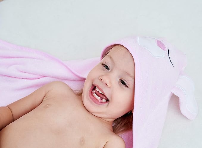 HIPHOP PANDA Hooded Towel - Rayon Made from Bamboo, Bath Towel with Bear Ears for Newborn, Babie, Toddler, Infant - Absorbent Large Baby Towel - Pink Rabbit, 30 x 30 Inch