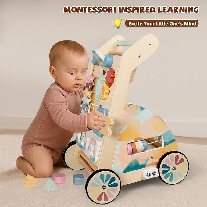 Wooden Baby Walker, Detachable Double-Sided Busy Board, Baby Walking Toys Push Walkers for Babies 6-12 Months