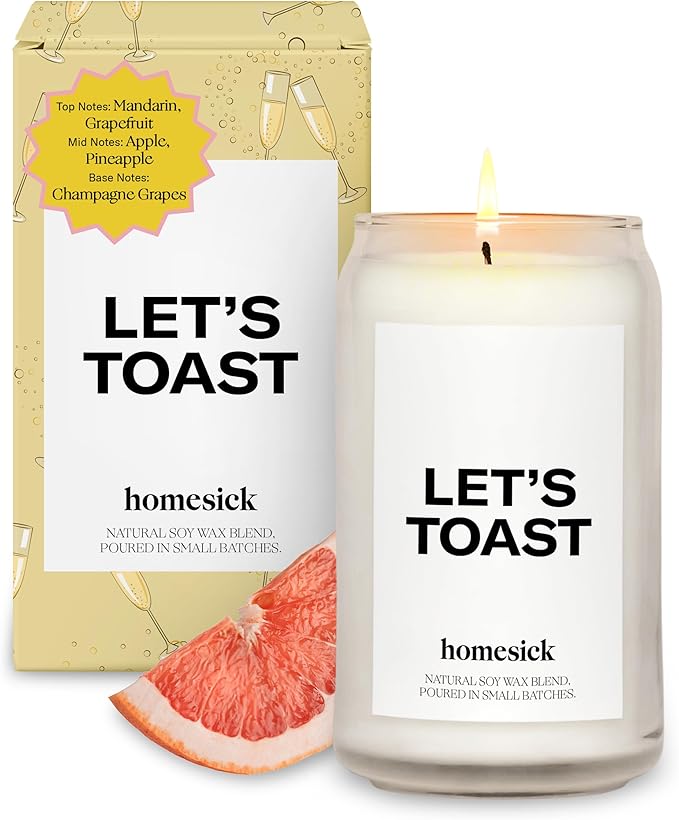 Homesick Scented Candles for Home (Let's Toast) - 13.75 oz Long-Lasting Soy Wax Blend Jar Candle Gifts for Women & Men for All Occasions, 60-80 Hours Burn Time - Notes of Mandarin & Grapefruit