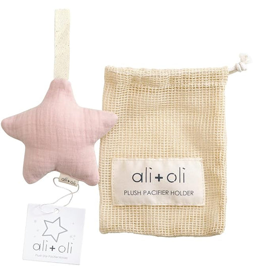 Ali+Oli Plush Muslin Cotton Pacifier Holder (Star-Pink) Soft Binky Holder for Babies, Plush Holder for Pacifiers, Cute Baby Binkies Plush Holder, Pacifier Holder for Baby Boys & Girls