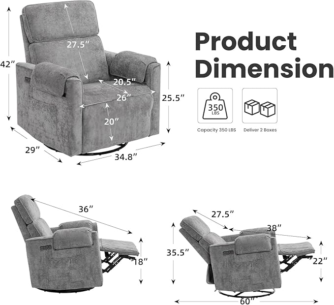 Oversized Power Recliner Chair Swivel Glider with Adjustable Headrest, Swivel Rocking Recliner Chair for Adults, 26" Extra Wide Glider Nursery Chair with Overstuffed Armrest, USB Ports, Grey