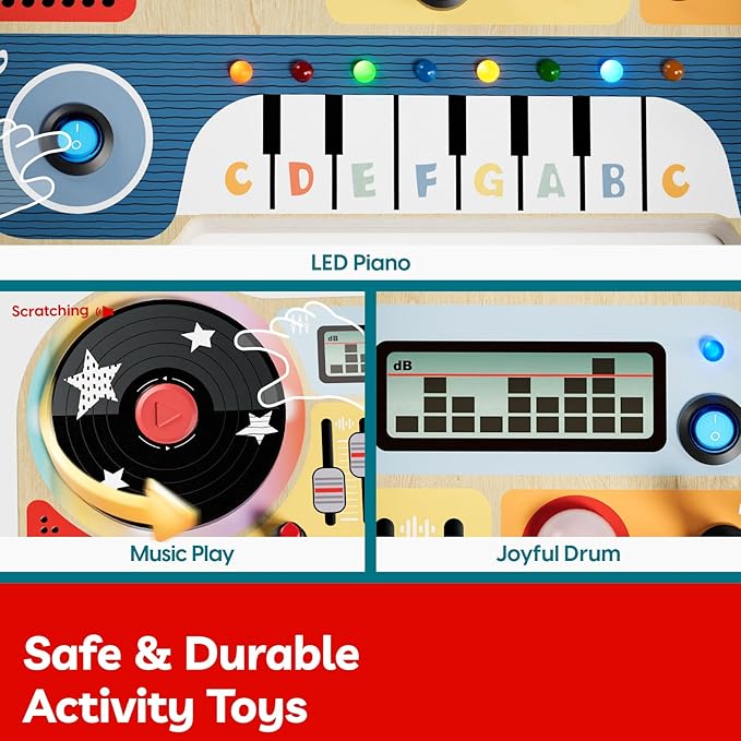 TOP BRIGHT DJ Busy Board with LED Light, Wooden Toddler Toys for 3 Year Old Boys and Girls, Montessori Sensory Toy with 6 Classic Songs 4 Sound Effects, Portable Travel Toy for 36M+