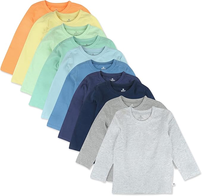 HonestBaby 10-Pack Long Sleeve T Shirts 100% Organic Cotton for Toddler, Boys, Girls