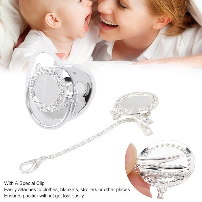 Baby Pacifier, Stylish DIY Photo Decoration Infant Bling Pacifier Clip Set for Newborn (Silver M)